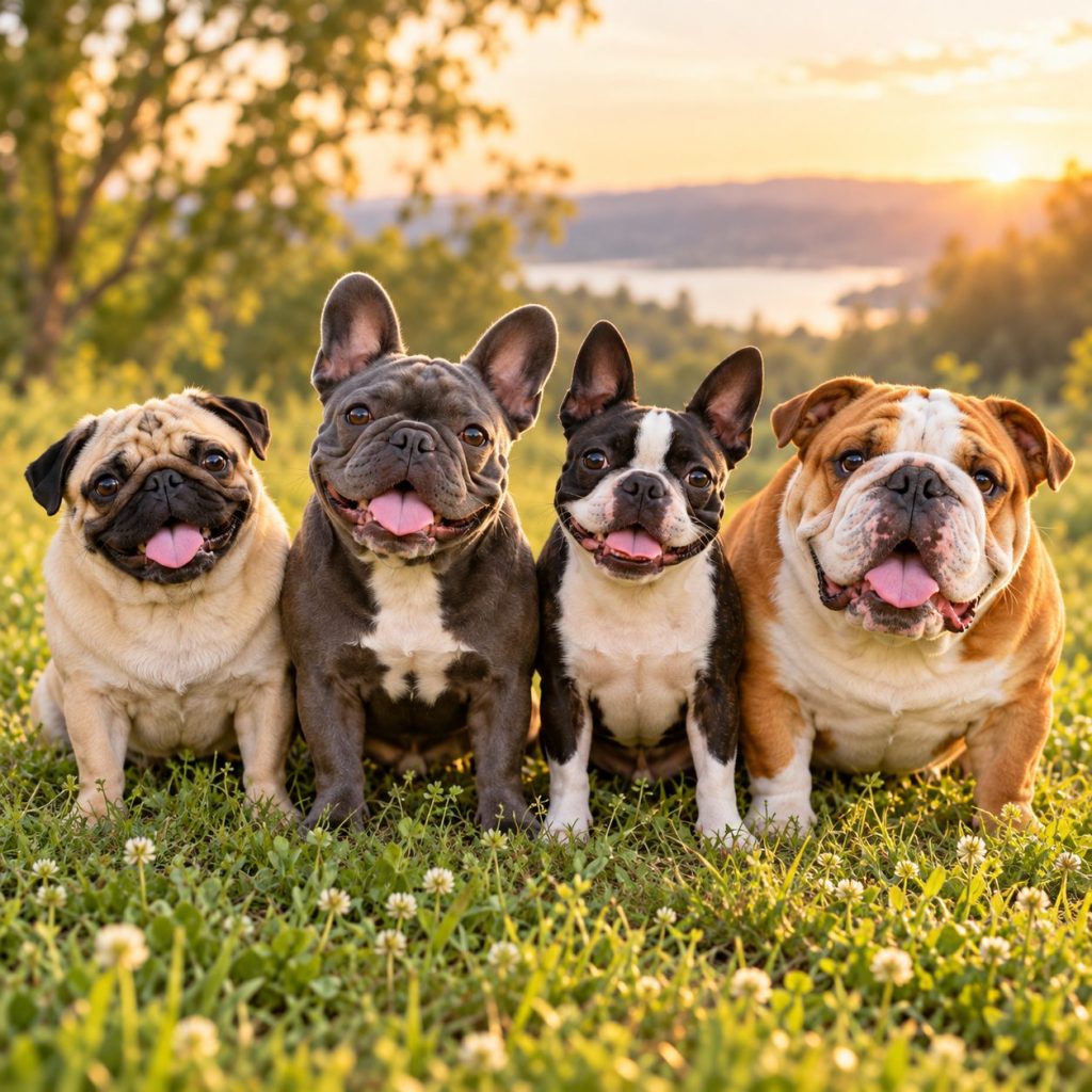 A pug, a French Bulldog, a Boston Terrier and an English Bulldog sitting together in a grassy field at sunset